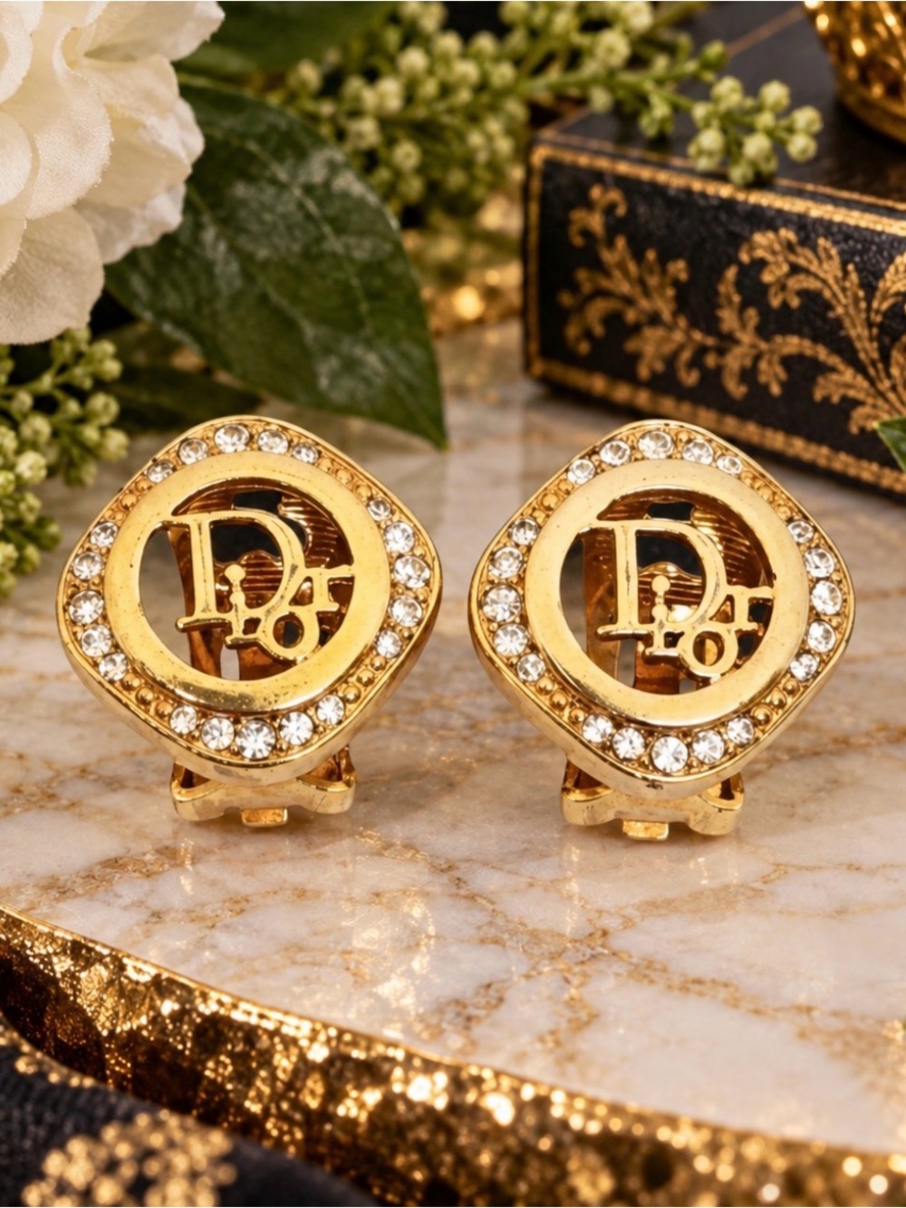 DIOR Vintage Gold-tone Crystal Rhinestone Clip-On Earrings - Picture 1 of 12